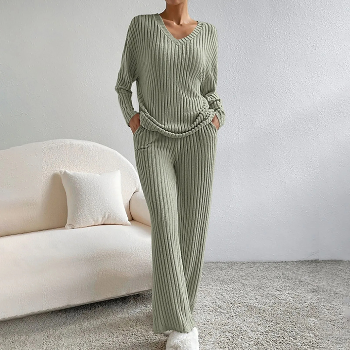 Lena | Women's Cotton-Blend Ribbed Knit Wide-Leg Lounge Set