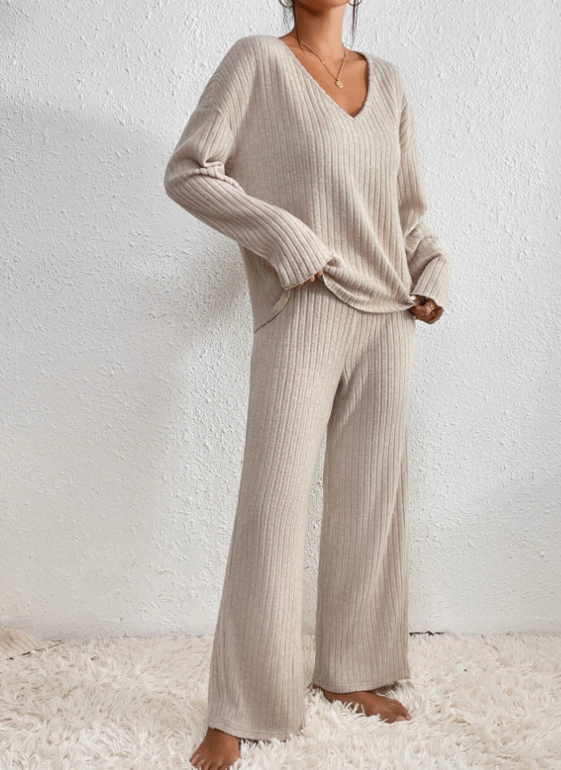 Lena | Women's Cotton-Blend Ribbed Knit Wide-Leg Lounge Set