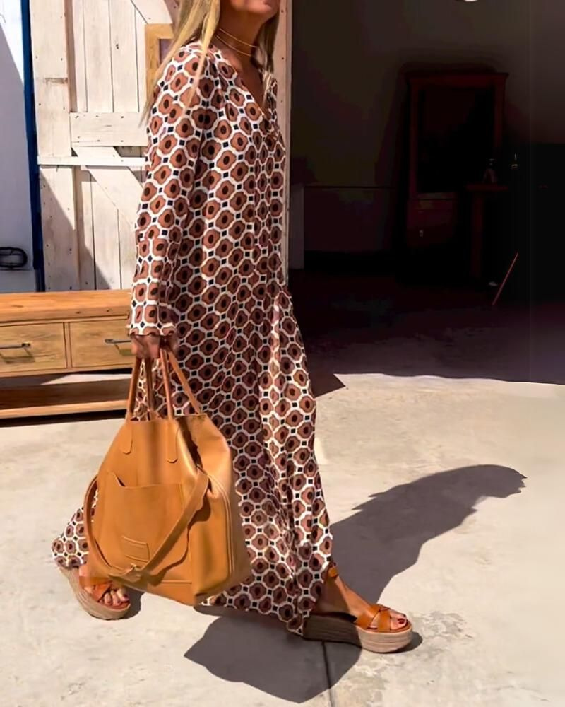 Lennon | Women's Cotton Retro Geo Print V-Neck Maxi Dress