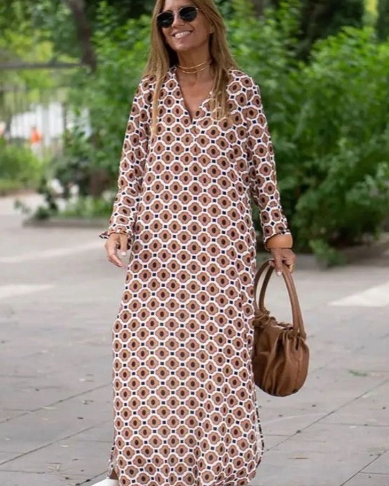 Lennon | Women's Cotton Retro Geo Print V-Neck Maxi Dress