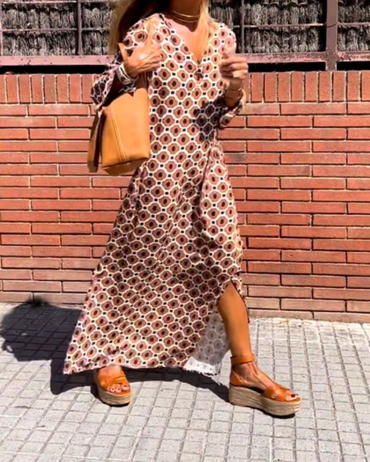 Lennon | Women's Cotton Retro Geo Print V-Neck Maxi Dress