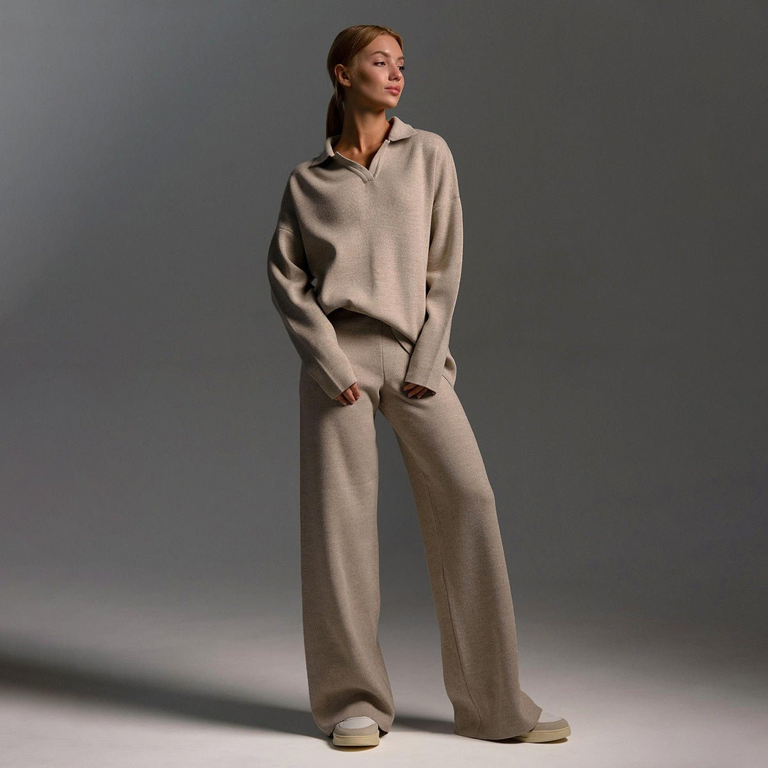 Lennox | Women's Cashmere-Blend Collared Sweater & Wide-Leg Trouser Set