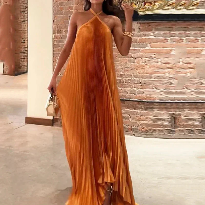 Lennox | Women's Chiffon Pleated Halter Neck Maxi Dress