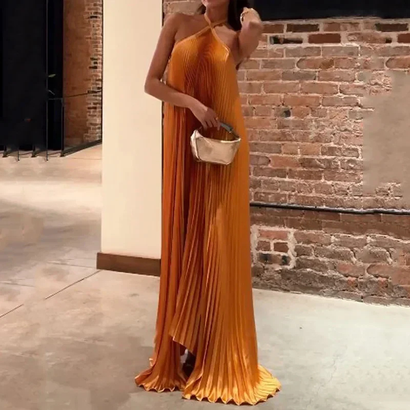 Lennox | Women's Chiffon Pleated Halter Neck Maxi Dress