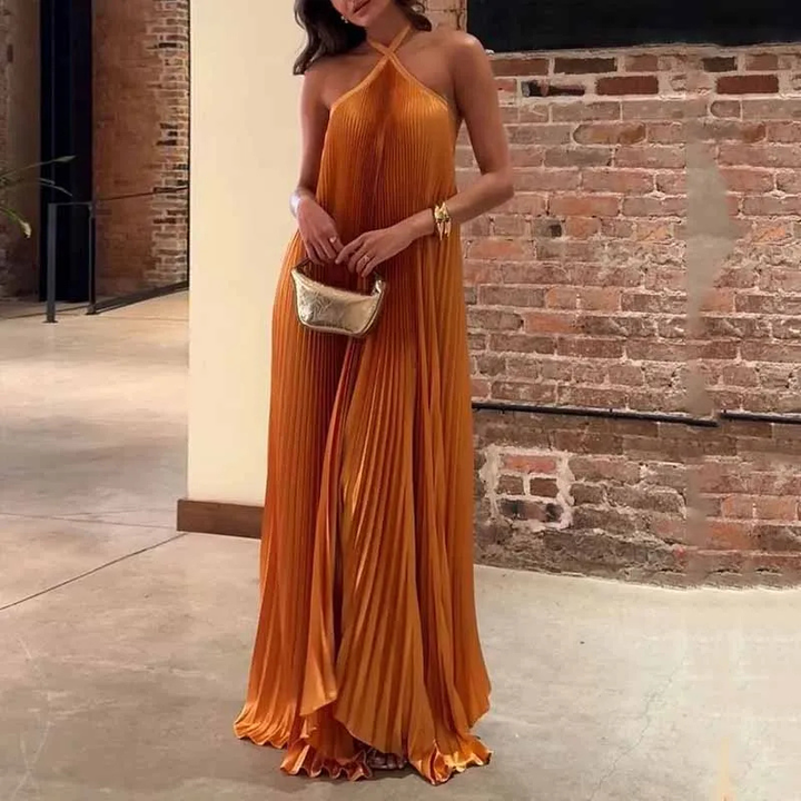 Lennox | Women's Chiffon Pleated Halter Neck Maxi Dress