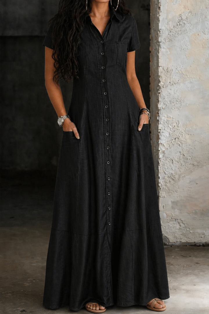 Lennox | Women's Denim Button-Down A-Line Maxi Dress