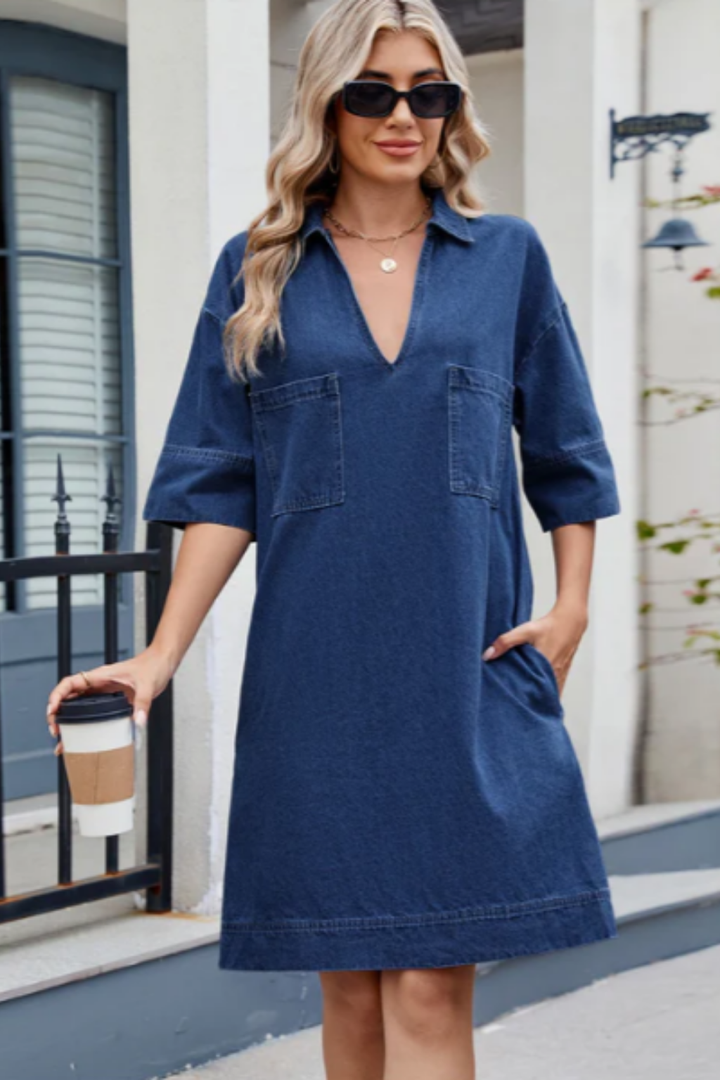 Lennox | Women's Denim V-Neck Collared Shift Mini Dress