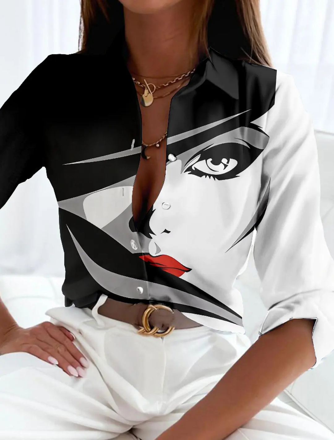 Lennox | Women's Satin Abstract Print Collared Long Sleeve Blouse