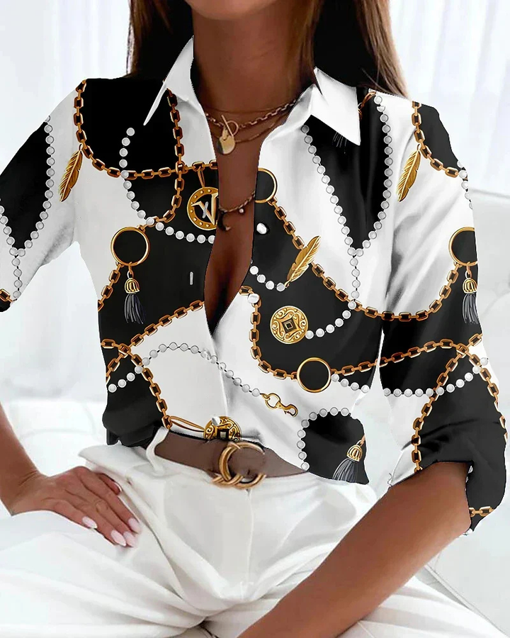 Lennox | Women's Satin Abstract Print Collared Long Sleeve Blouse
