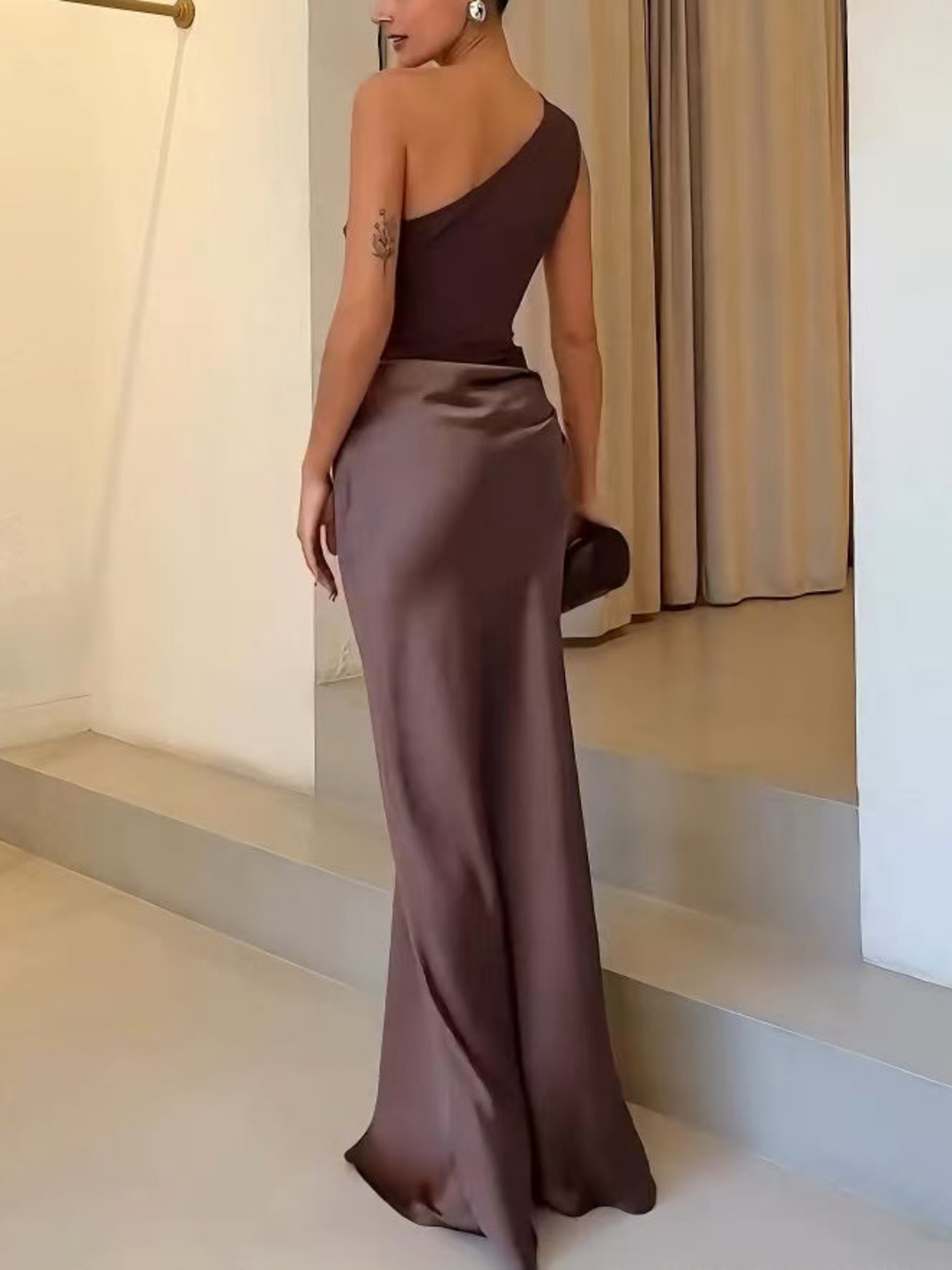 Léone | Women's Satin One-Shoulder Draped Maxi Dress Elegant