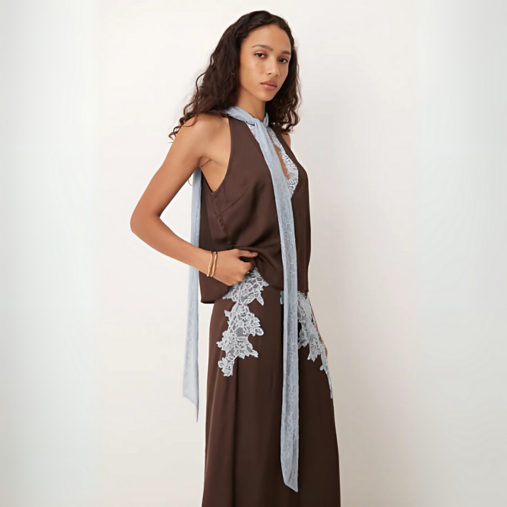 Liesel | Women's Brown Satin Lace Trim Halter Top & Maxi Skirt Set
