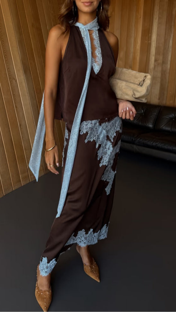 Liesel | Women's Satin Lace-Trim Halter Top Maxi Skirt Set Elegant