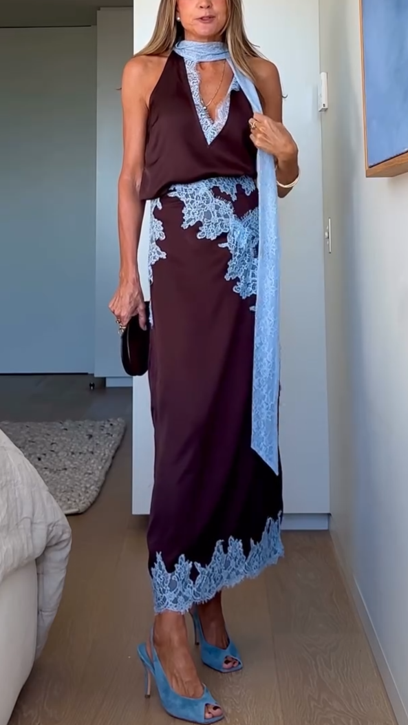 Liesel | Women's Satin Lace-Trim Halter Top Maxi Skirt Set Elegant