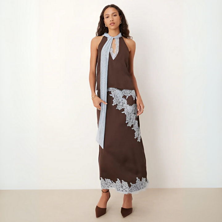 Liesel | Women's Satin Lace-Trim Halter Top Maxi Skirt Set Elegant