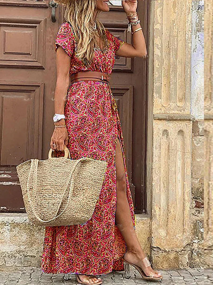 Lila | Women's Cotton Boho V-neck  Split Maxi Dress