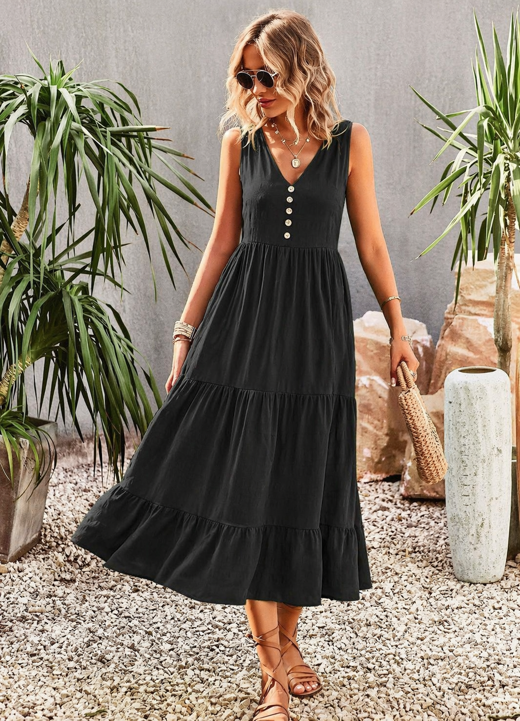 Linnea | Women's Cotton Tiered Sleeveless Button Front Midi Dress
