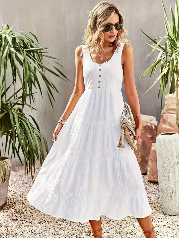 Linnea | Women's Cotton Tiered Sleeveless Button Front Midi Dress