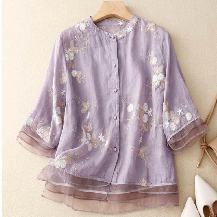 Liora | Women's Chiffon Floral Embroidered Layered Hem Blouse