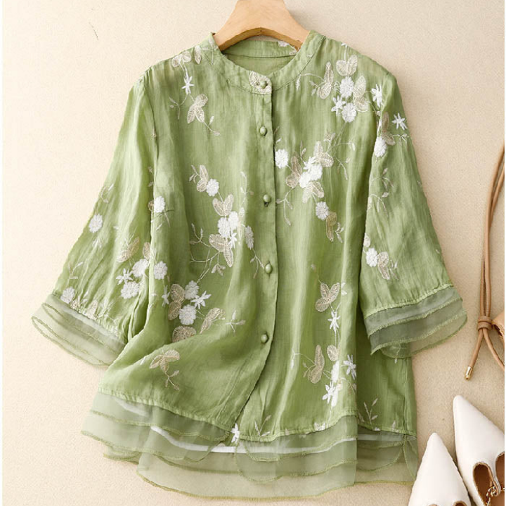 Liora | Women's Chiffon Floral Embroidered Layered-Hem Blouse