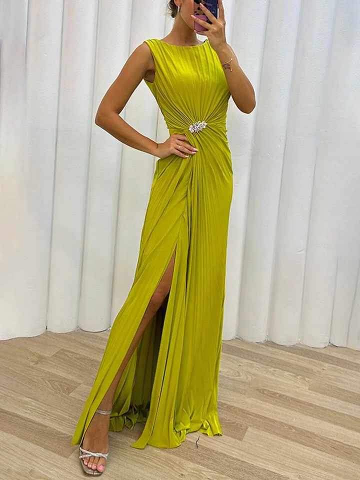 Liora | Women's Satin Pleated Embellished Maxi Dress