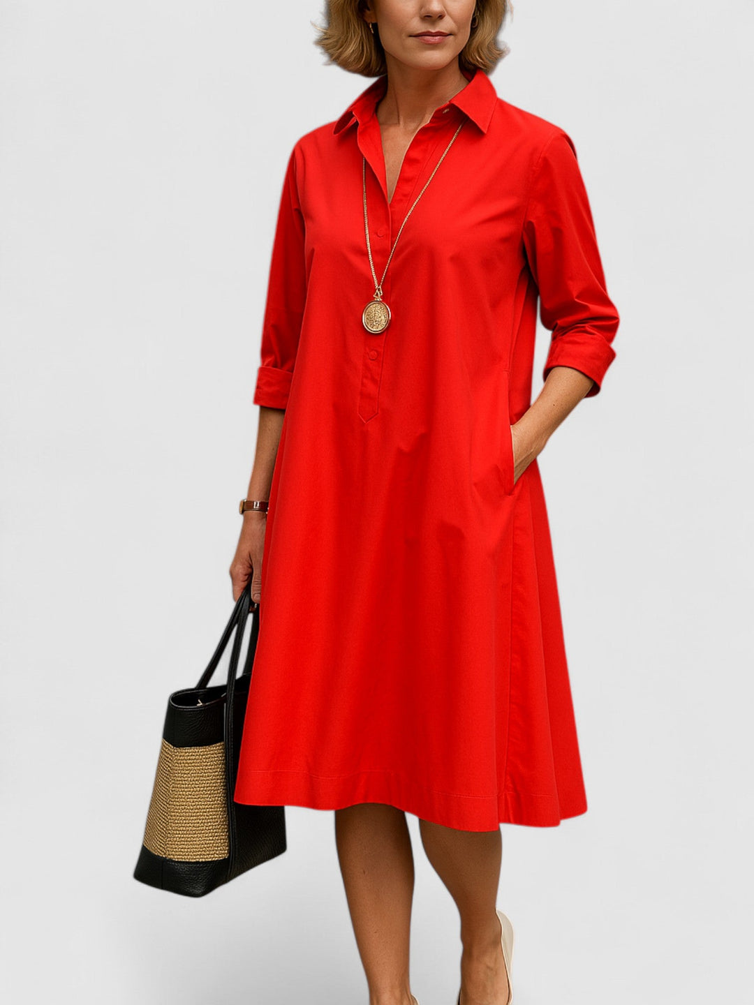 Marina's Confident Swing | Button-Up A-Line Shirt Dress