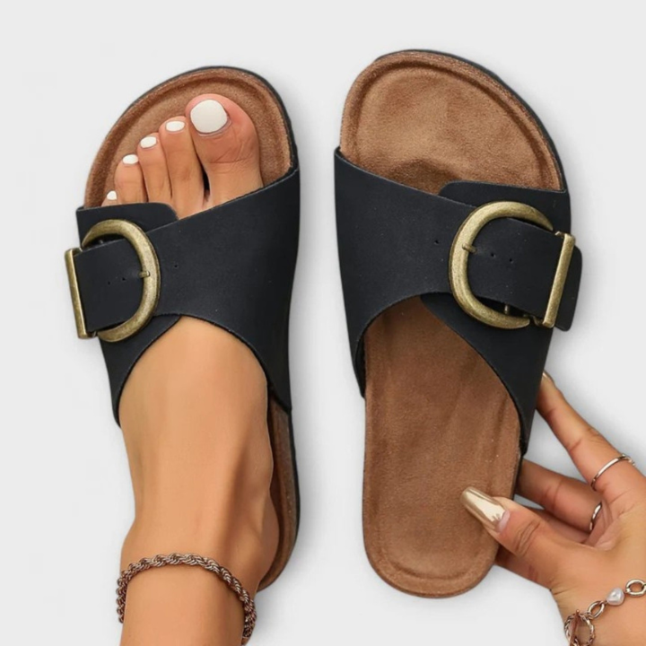 Lorne | Women's Leather Buckle Cork Footbed Slide Sandals