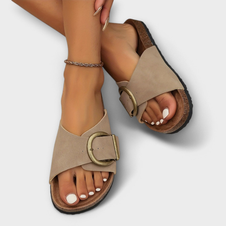 Lorne | Women's Leather Buckle Cork Footbed Slide Sandals