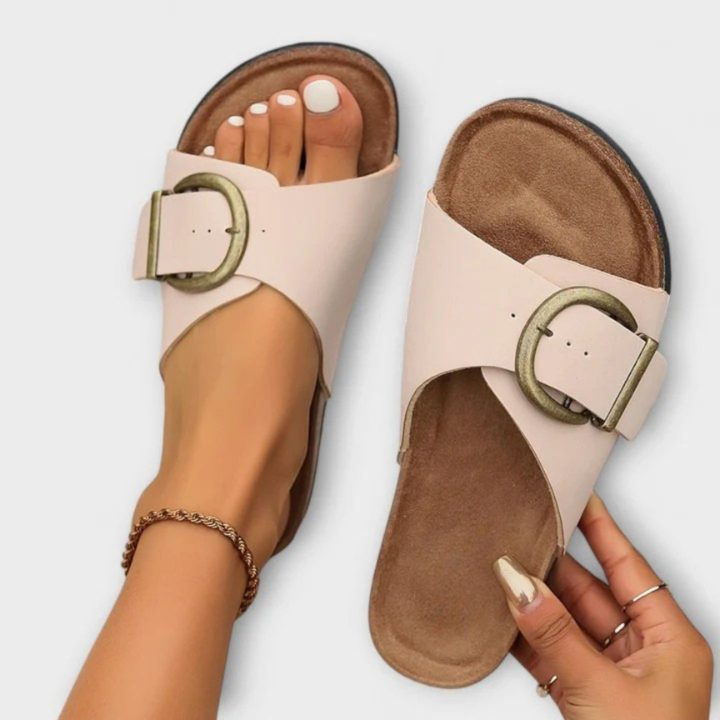 Lorne | Women's Leather Oversized Buckle Cork Footbed Slide Sandals