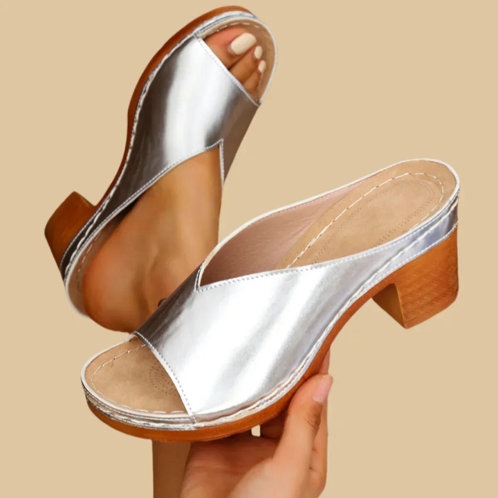 Luelle | Women's Leather Metallic Block Heel Mules