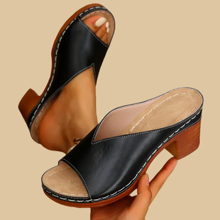 Luelle | Women's Leather Metallic Open-Toe Block Heel Mules