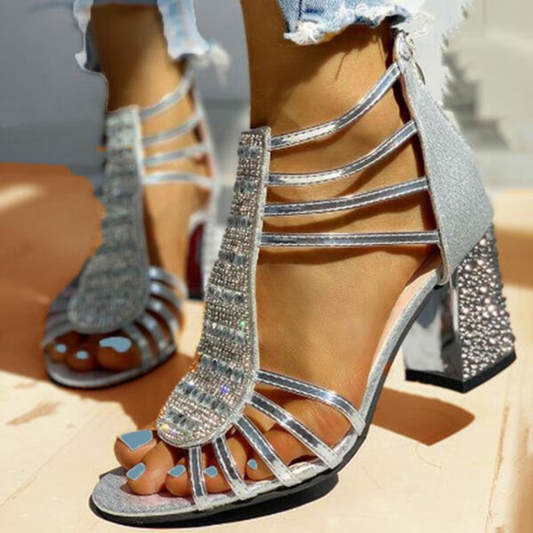 Luxe | Women's Leather Rhinestone Caged Block Heel Sandals