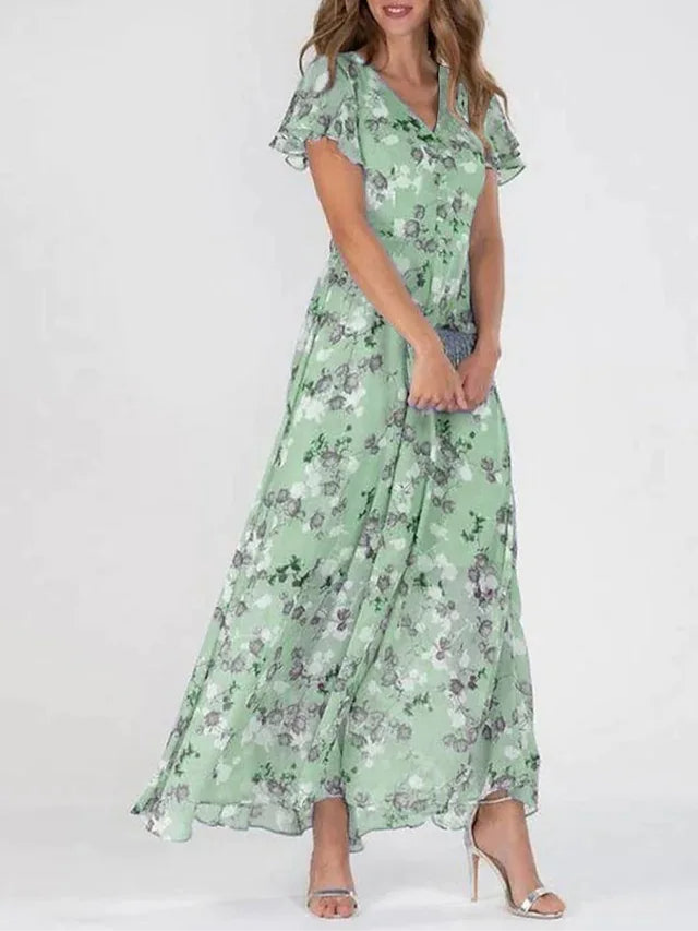 Maeva | Women's Chiffon Floral Flutter-Sleeve V-Neck Maxi Dress