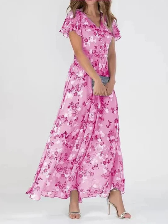 Maeva | Women's Chiffon Floral Flutter-Sleeve V-Neck Maxi Dress