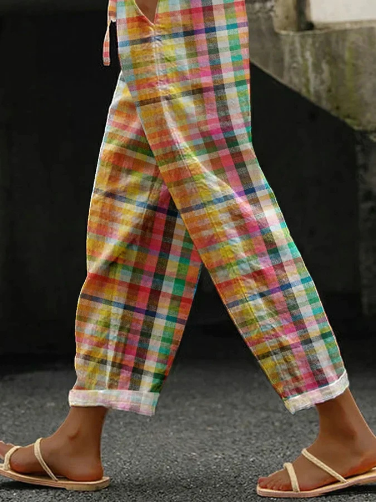 Maeve | Women's Linen Plaid Elastic Waist Casual Trousers