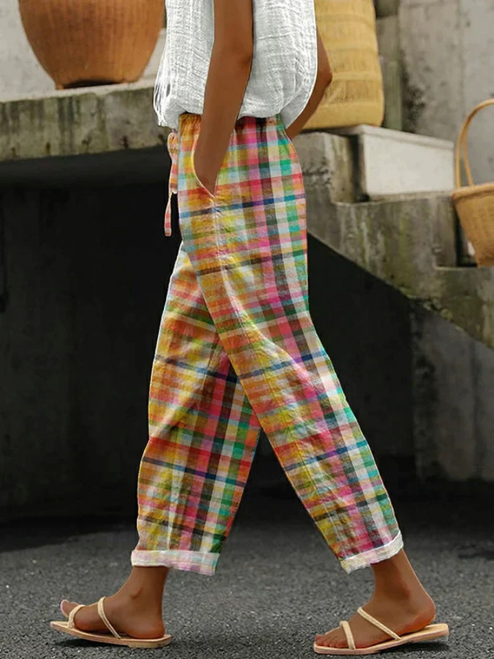 Maeve | Women's Linen Plaid Elastic Waist Casual Trousers