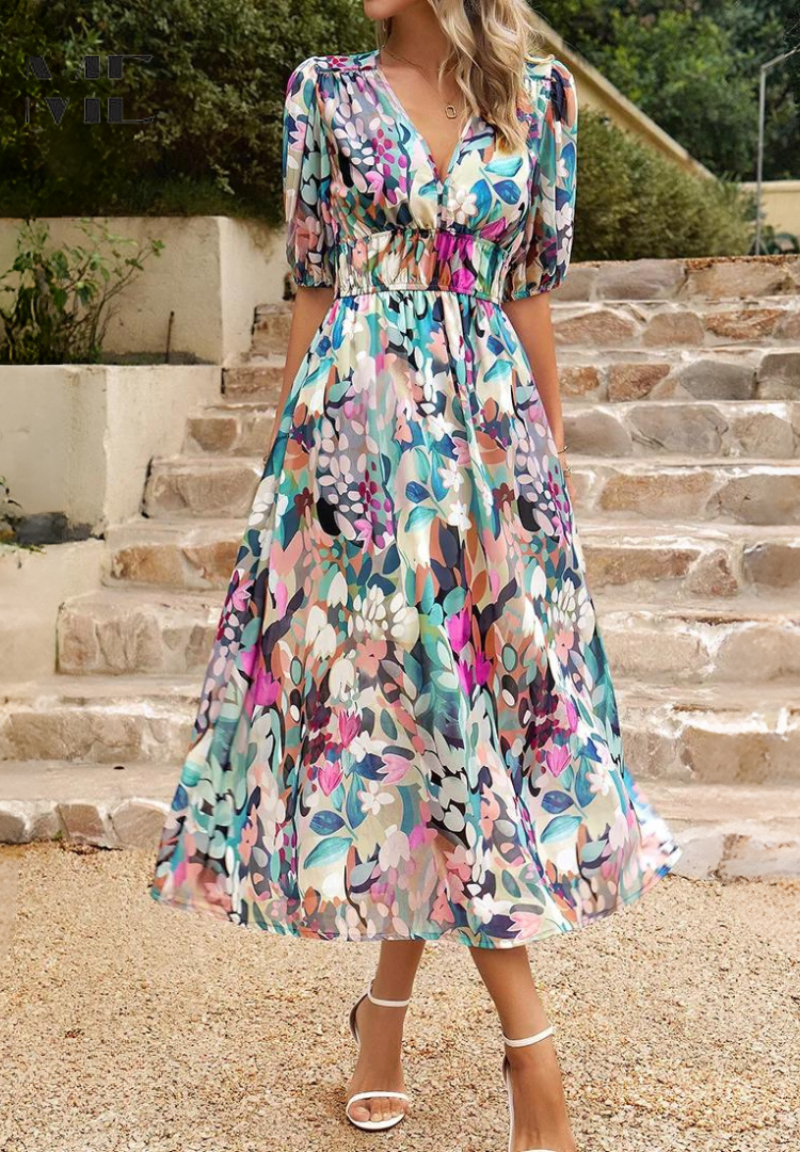 Magnolia | Women's Chiffon Floral Print V-Neck Midi Dress