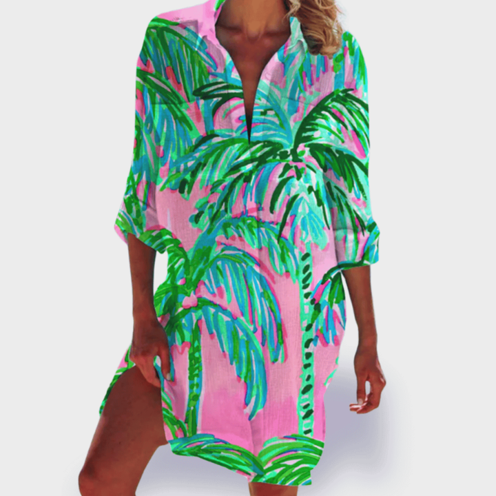 Marea | Women's Cotton Print Collared Long Sleeve Shirt Dress