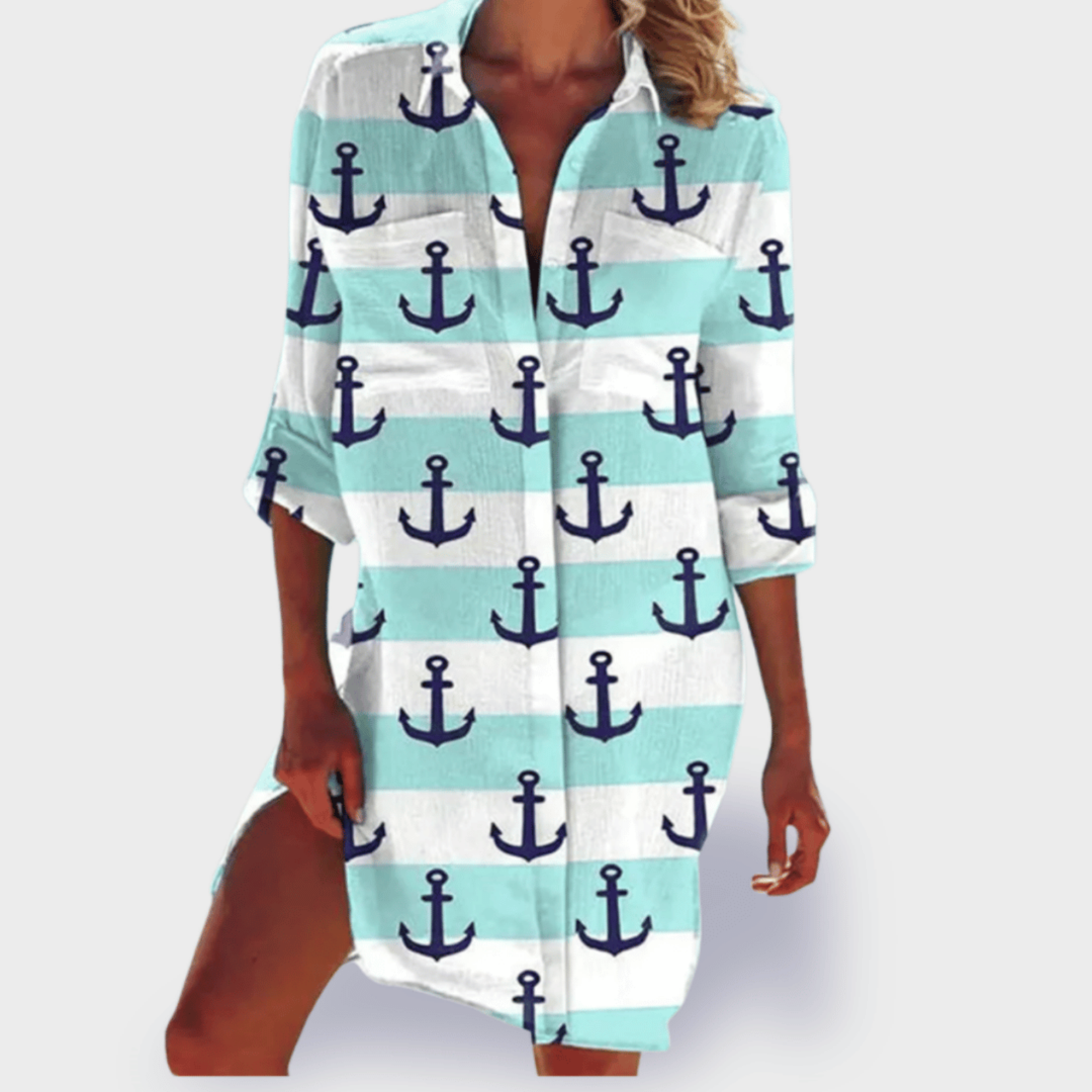 Marea | Women's Cotton Print Collared Long Sleeve Shirt Dress