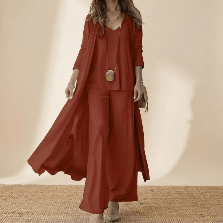 Maren | Women's Cotton 3-Piece Duster Coat & Wide-Leg Trouser Set