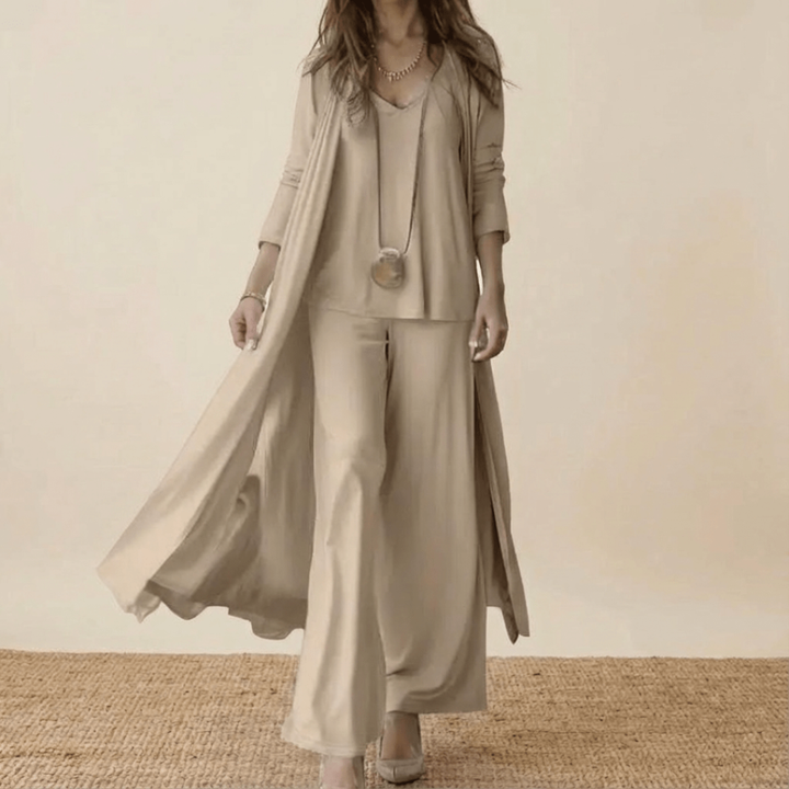 Maren | Women's Cotton 3-Piece Duster Coat & Wide-Leg Trouser Set