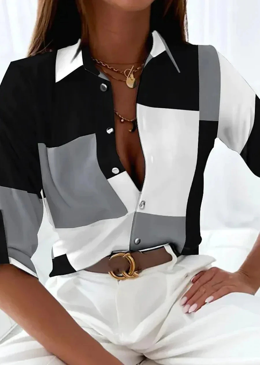 Maren | Women's Satin Abstract Print Collared Long-Sleeve Blouse