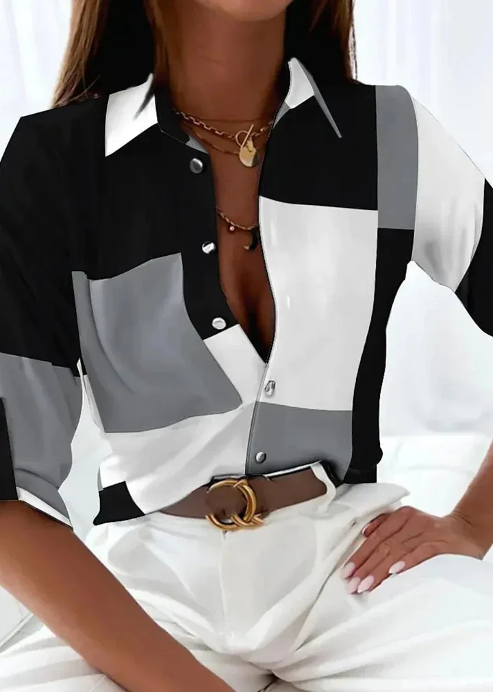 Maren | Women's Satin Abstract Print Collared Long-Sleeve Blouse