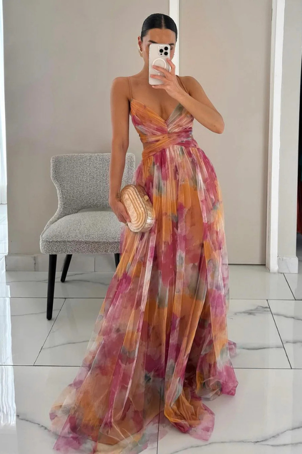 Margaux | Women's Chiffon Floral Pleated Maxi Gown Elegant