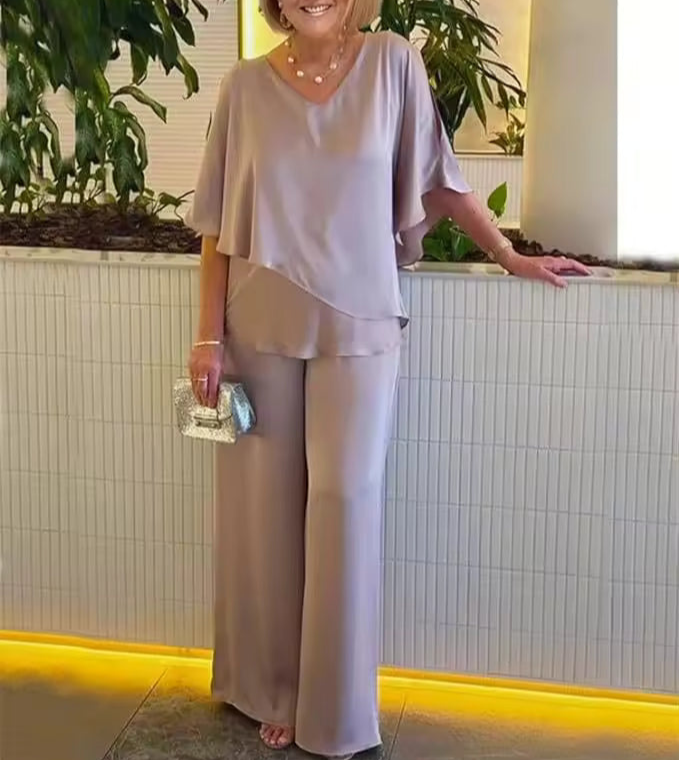 Margot | Women's Chiffon Flutter Sleeve Wide-Leg Pant Set