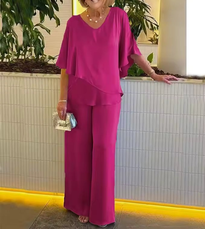 Margot | Women's Chiffon Flutter Sleeve Wide-Leg Pant Set