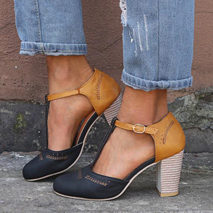 Margot | Women's Suede Two-Tone T-Strap Block Heels
