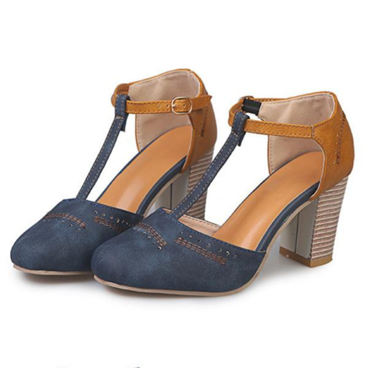 Margot | Women's Suede Two-Tone T-Strap Block Heels