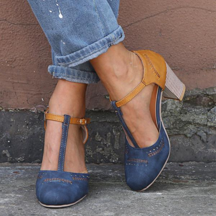 Margot | Women's Suede Two-Tone T-Strap Block Heels