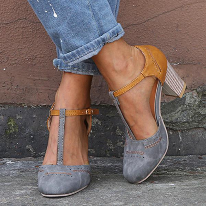 Margot | Women's Suede Two-Tone T-Strap Block Heels