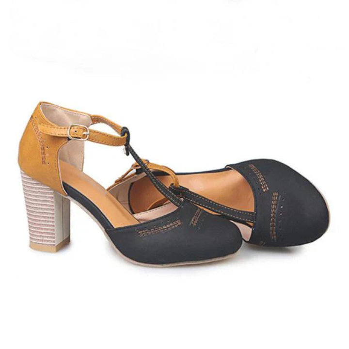 Margot | Women's Suede Two-Tone T-Strap Block Heels